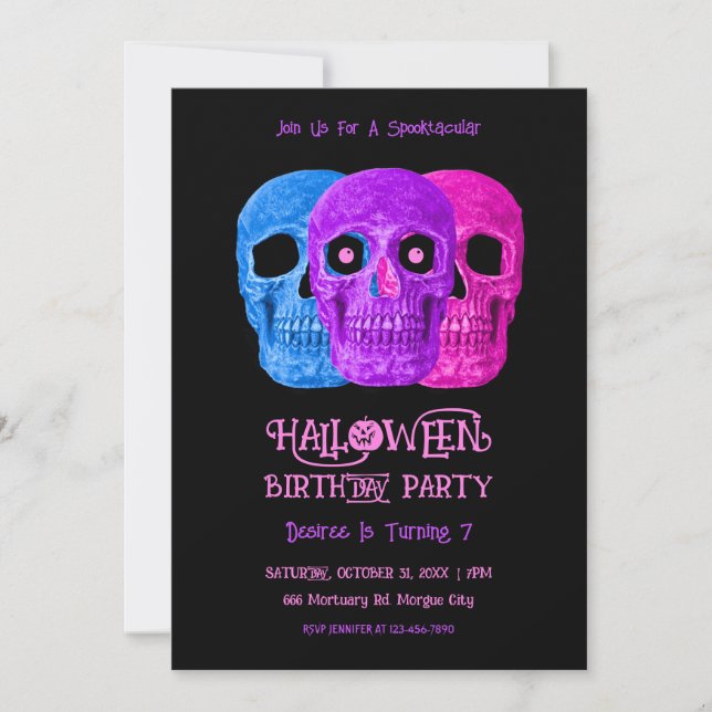 Invitación Skull Funny Gótico Rosa Azul Halloween Cumpleaños (Anverso)