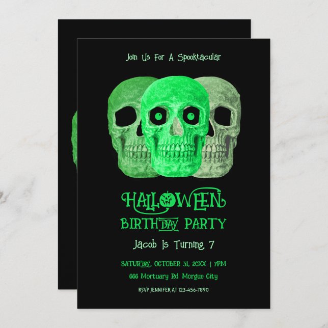Invitación Skull Funny Gótico Verde Negro Halloween Cumpleaño (Anverso / Reverso)