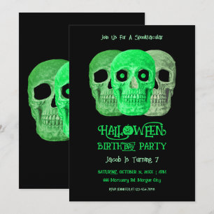 Invitación Skull Funny Gótico Verde Negro Halloween Cumpleaño