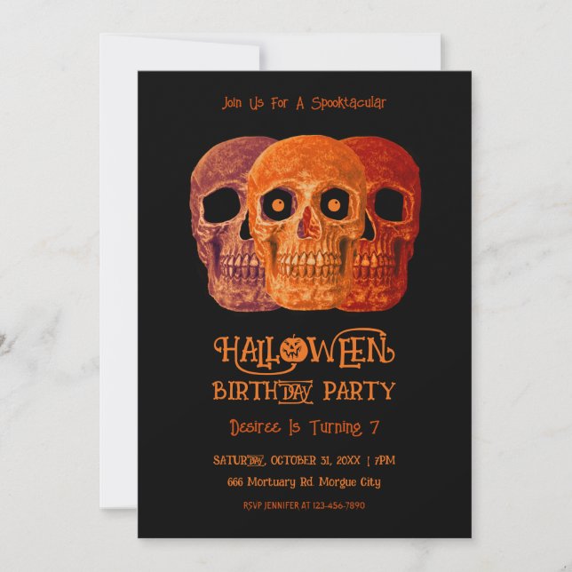 Invitación Skull Funny Naranja Gótica Black Halloween Cumplea (Anverso)