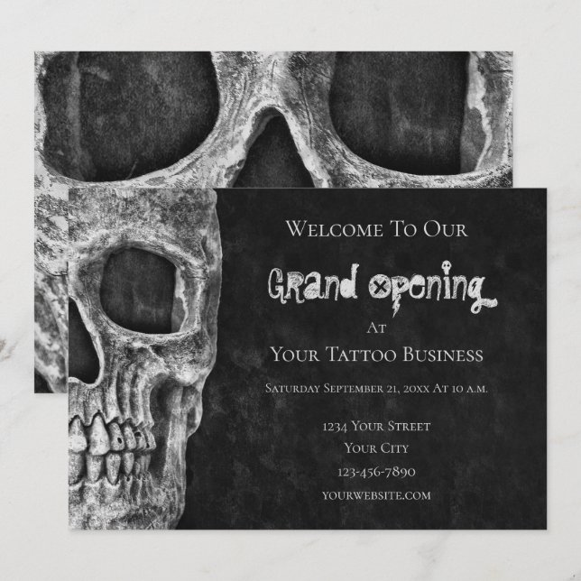Invitación Skull Gothic Grand Opening Black White Tattoo Shop (Anverso / Reverso)