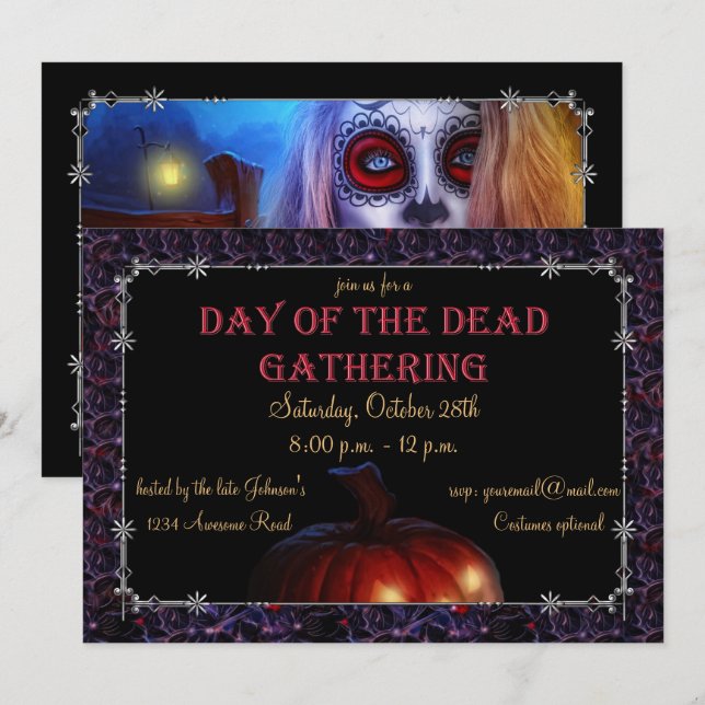 Invitación Skull Lady & Jack-o-lantern Días de los Muertos (Anverso / Reverso)