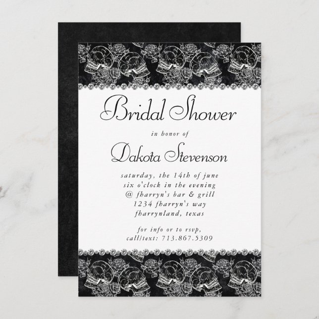 Invitación Skull Rosa Chalk | Funky Black Bridal Shower (Anverso / Reverso)