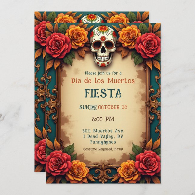 Invitación 💀 🎉 Skull & Scrolls, el Día de Muertos (Anverso / Reverso)