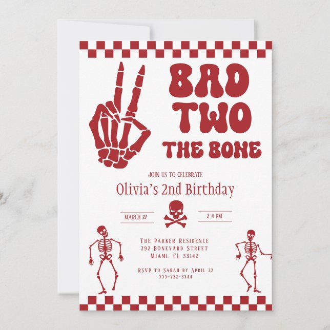 Invitación Skull Skeleton Bad to the Bone 2nd Birthday  (Anverso)