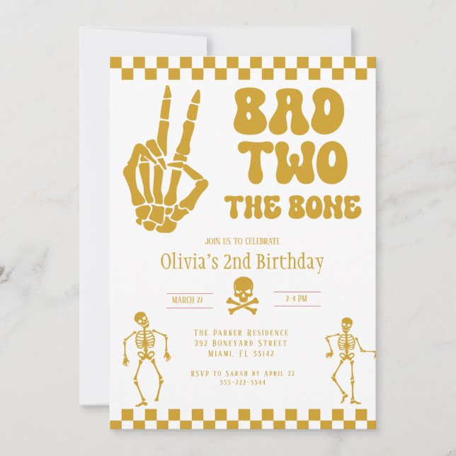 Invitación Skull Skeleton Bad to the Bone 2nd Birthday  (Anverso)