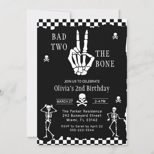 Invitación Skull Skeleton Bad to the Bone 2nd Birthday  (Anverso)