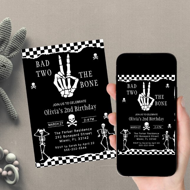 Invitación Skull Skeleton Bad to the Bone 2nd Birthday  (Subido por el creador)