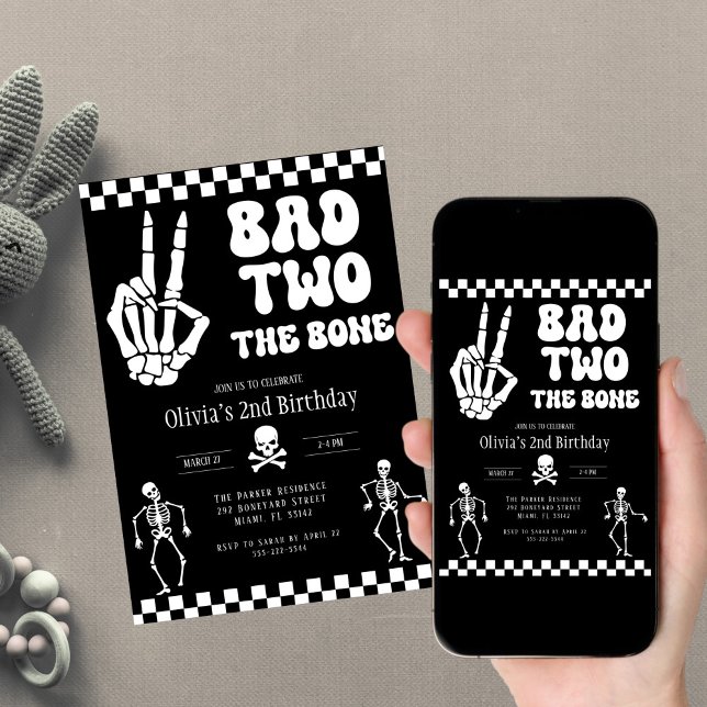 Invitación Skull Skeleton Bad to the Bone 2nd Birthday  (Subido por el creador)