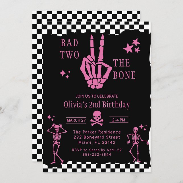 Invitación Skull Skeleton Bad to the Bone 2nd Birthday  (Anverso / Reverso)