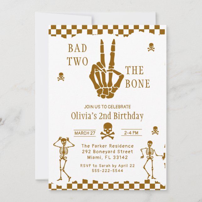 Invitación Skull Skeleton Bad to the Bone 2nd Birthday  (Anverso)