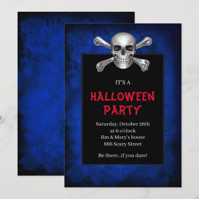 Invitación Skull Y Crossbone Blue Grunge Halloween Party (Anverso / Reverso)