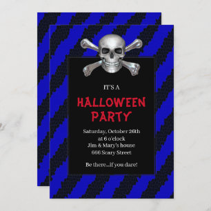 Invitación Skull Y Crossbone Blue Stripe Halloween Party