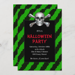 Invitación Skull Y Crossbone Green Stripe Halloween Party