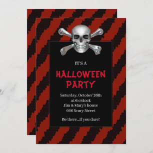 Invitación Skull Y Crossbone Red Stripe Halloween Party