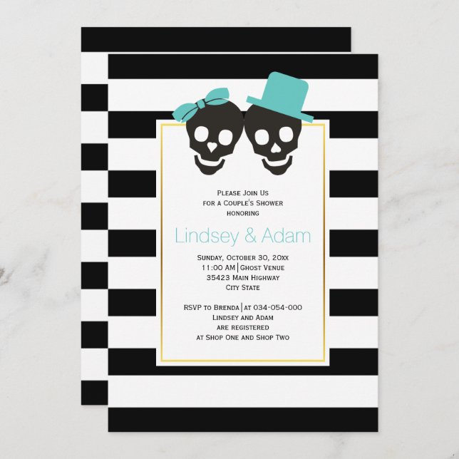 Invitación Skulls aqua azul Halloween parejas bodas ducha (Anverso / Reverso)