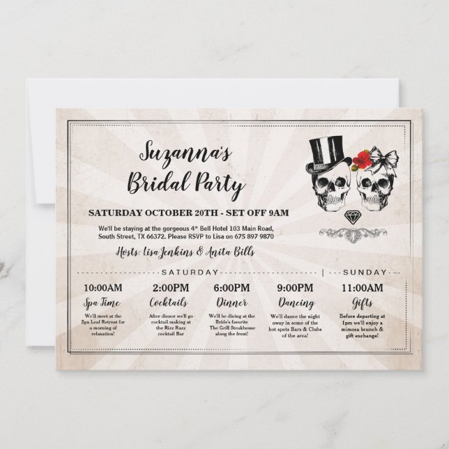 Invitación Skulls Bridal Shower Itinerary Bachelorette Rosas (Anverso)
