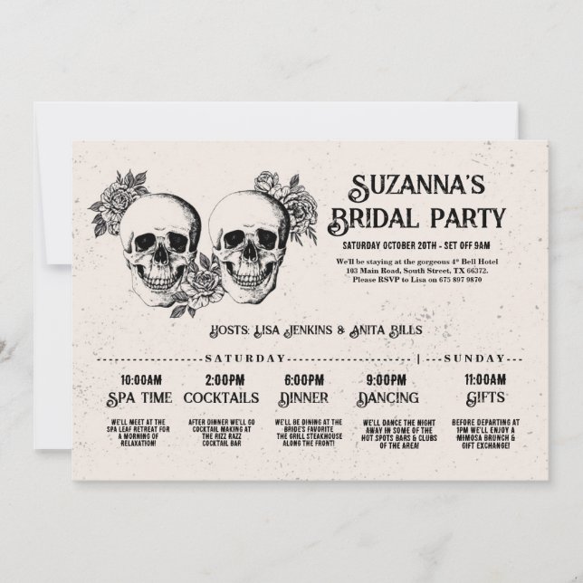Invitación Skulls Bridal Shower Itinerary Bachelorette Rosas (Anverso)