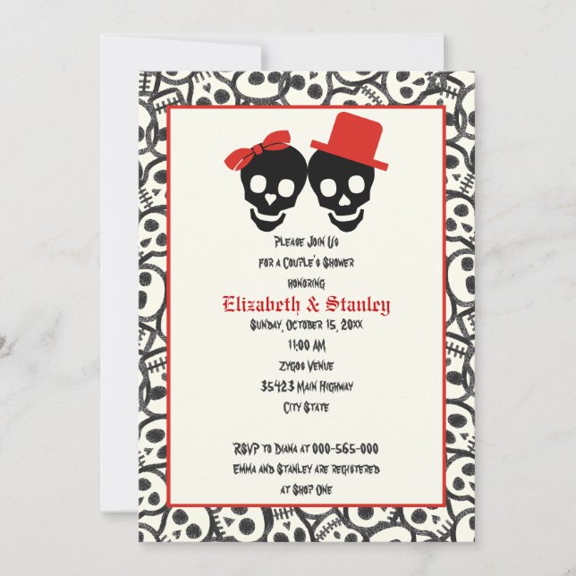 Invitación Skulls ducha de pareja de bodas negros de Hallowee (Anverso)