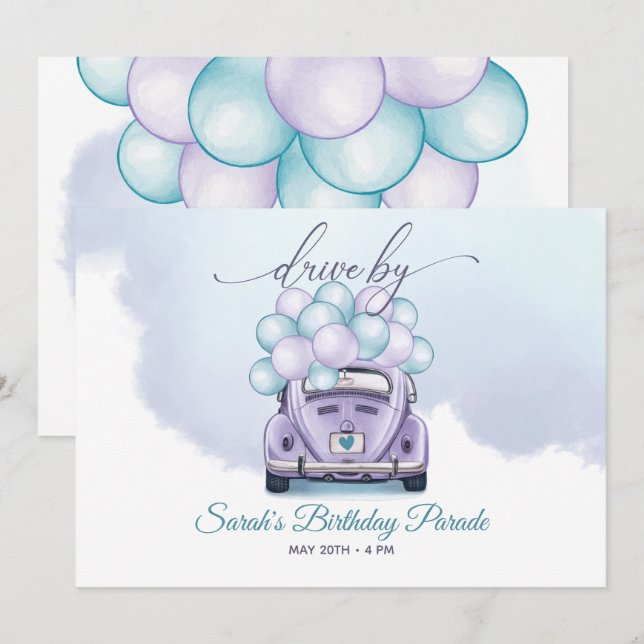 Invitación Sky Blue and Lilac Surprise Drive por Cumpleaños (Anverso / Reverso)