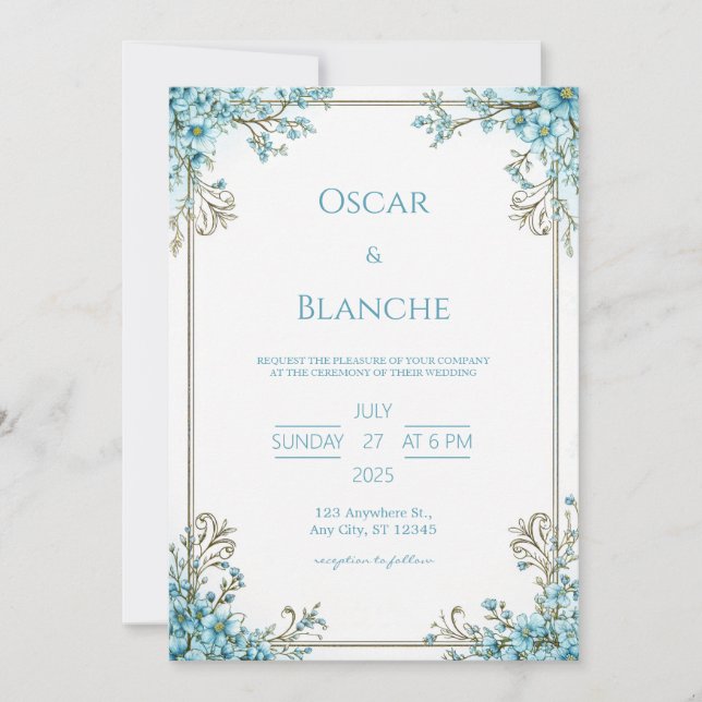 Invitación Sky Blue Blossom Elegant Gold Frame Wedding (Anverso)