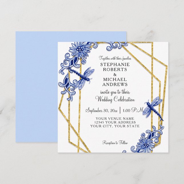 Invitación Sky Blue Chinoiserie Dragonfly Floral Watercolor (Anverso / Reverso)
