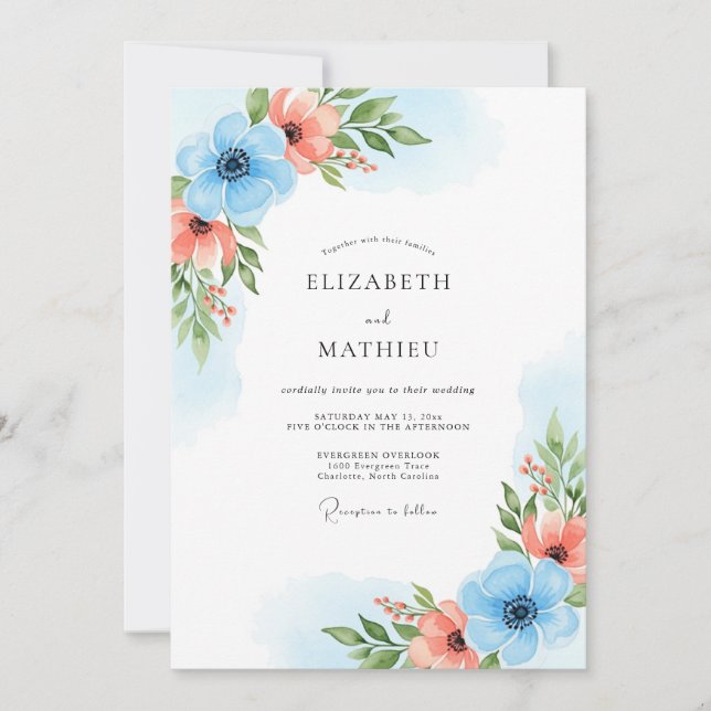 Invitación Sky Blue Coral Bloom Wedding (Anverso)