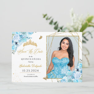 Invitación Sky Blue & Gold Quinceañera Guardar la foto de la 