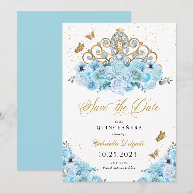 Invitación Sky Blue & Gold Tiara Salven La Fecha Quinceañera (Anverso / Reverso)