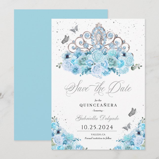 Invitación Sky Blue & Silver Tiara Salven La Fecha Quinceañer (Anverso / Reverso)