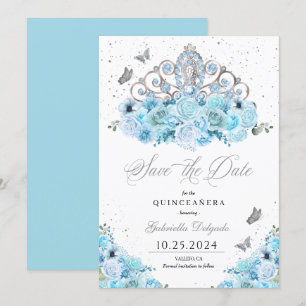 Invitación Sky Blue & Silver Tiara Salven La Fecha Quinceañer