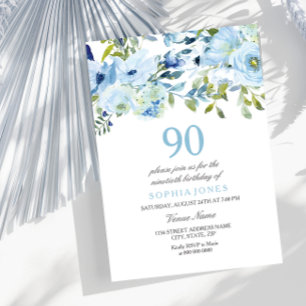 Invitación Sky Blue Watercolor Flowers 90º cumpleaños