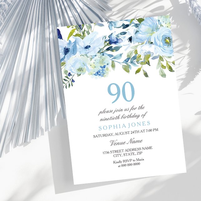 Invitación Sky Blue Watercolor Flowers 90º cumpleaños (Subido por el creador)
