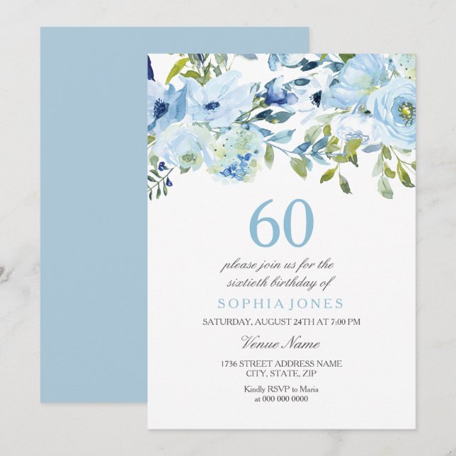 Invitación Sky Blue Watercolor Flowers Fiesta de cumpleaños n (Anverso / Reverso)