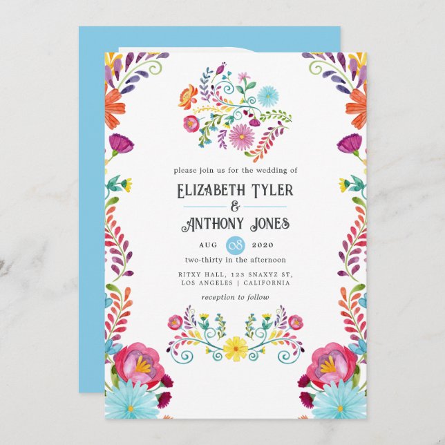 Invitación Sky Blue & White Floral Mexican Fiesta Wedding (Anverso / Reverso)