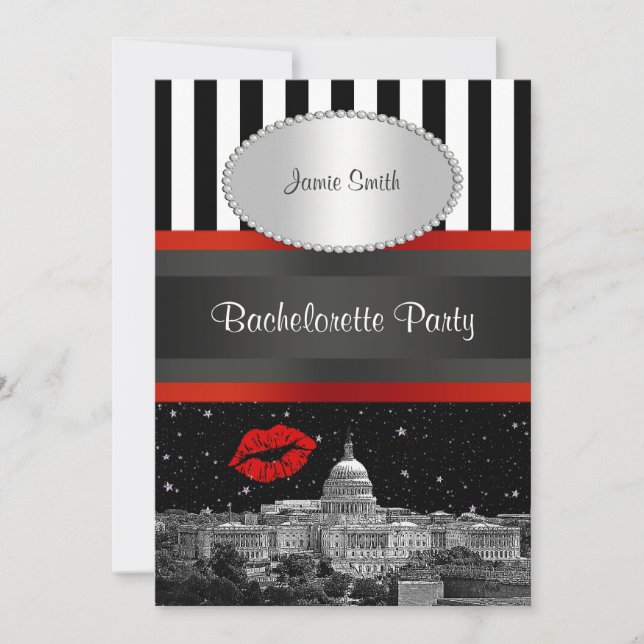 Invitación Skyline Blk de DC Wht Strp Red Kiss Bachelorette (Anverso)