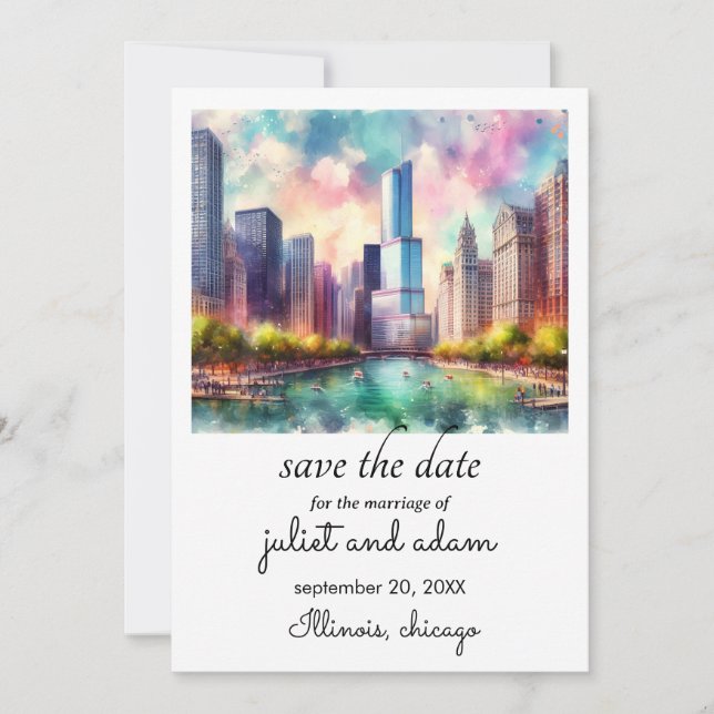 Invitación skyline boda de chicago guardar la fecha (Anverso)