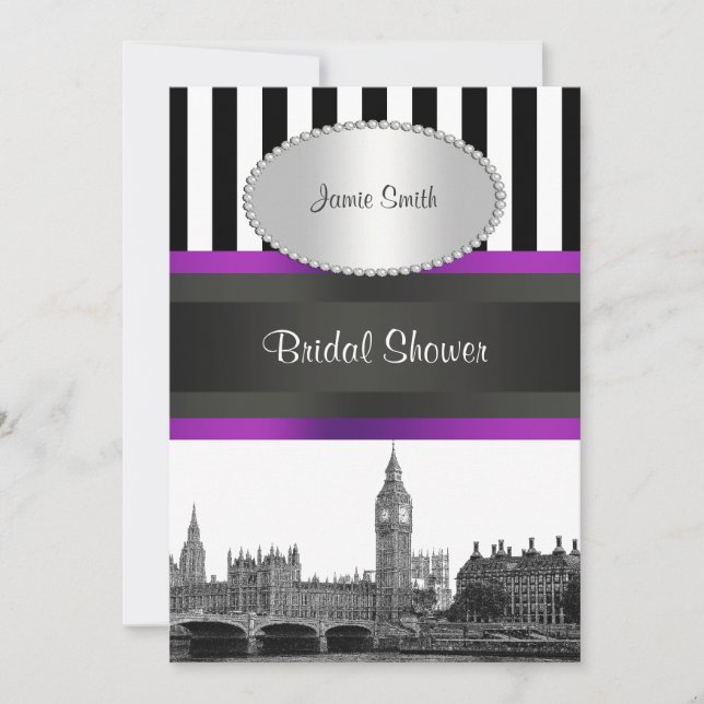 Invitación Skyline BW Blk Wht Strp Purple Bridal Shwr (Anverso)