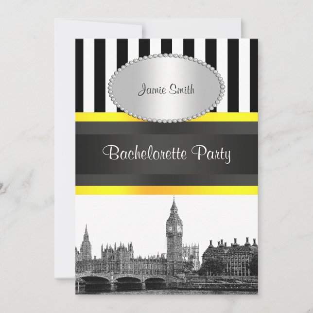 Invitación Skyline BW Blk Wht Strp Ylo P Bachelorette (Anverso)