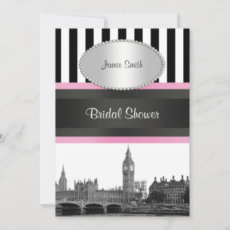 Invitación Skyline de Londres BW Blk Wht Strp Pink Bridal Shw
