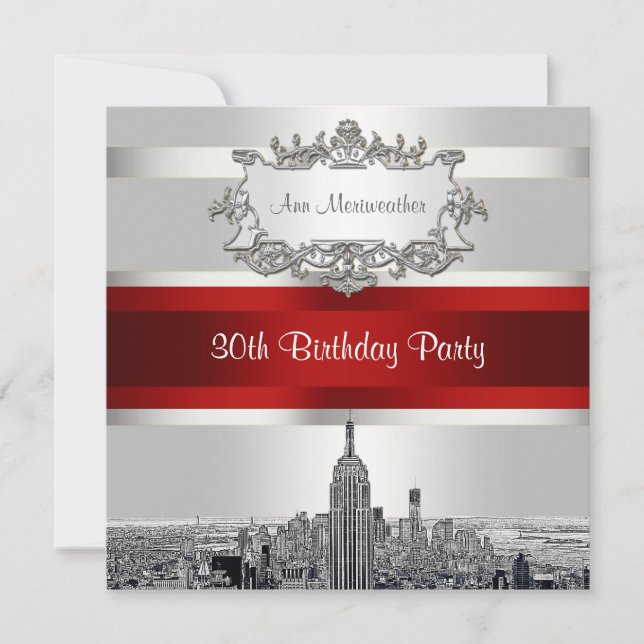 Invitación Skyline Etched NYC, BG blanca, cumpleaños de cinta (Anverso)