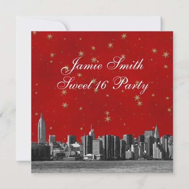 Invitación Skyline NYC Etched #3 Red Gold Star Sweet 16 (Anverso)