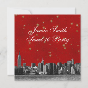 Invitación Skyline NYC Etched #3 Red Gold Star Sweet 16