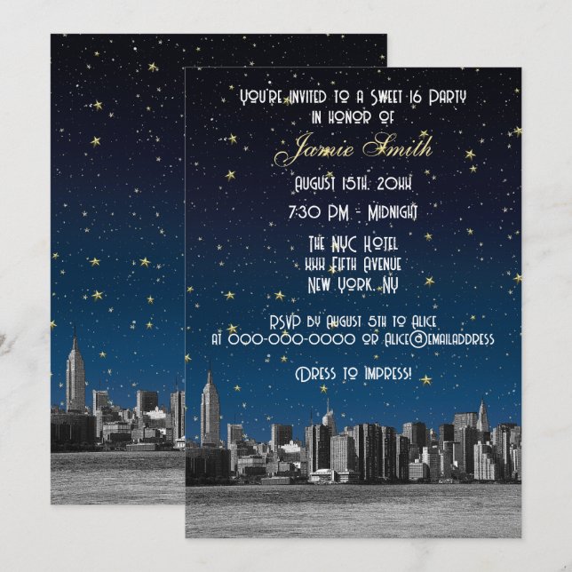 Invitación Skyline NYC Etched #3 Starry Blu Sunset Sweet 16 V (Anverso / Reverso)