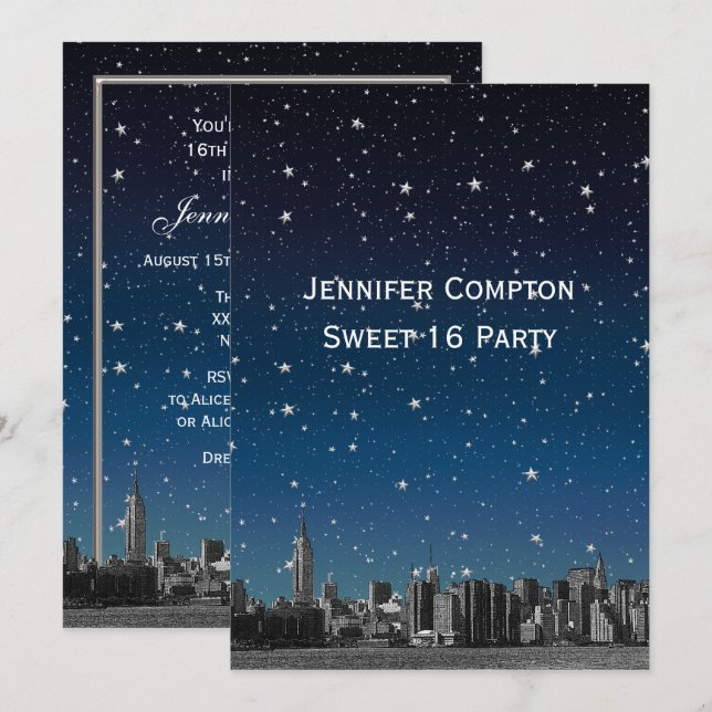 Invitación Skyline NYC Etched #3V2 Starry Blu Sunset Sweet 16 (Anverso / Reverso)