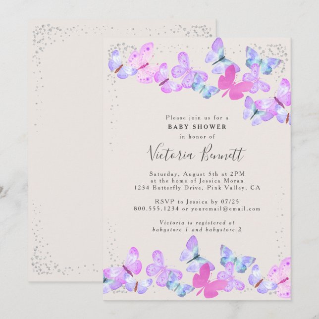 Invitación Skys mariposa Baby Shower de confeti de plata rosa (Anverso / Reverso)