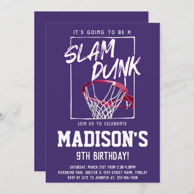 Invitación Slam Dunk Basketball Fiesta de cumpleaños púrpura  (Anverso / Reverso)