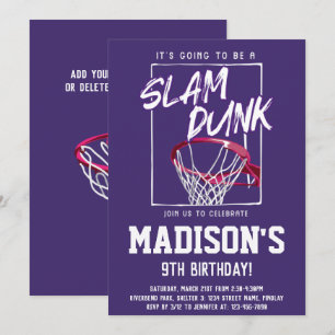 Invitación Slam Dunk Basketball Fiesta de cumpleaños púrpura 