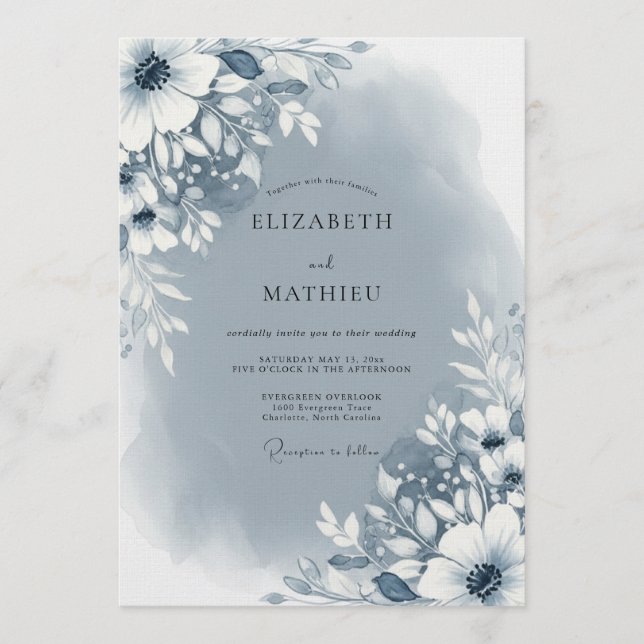 Invitación Slate Blue Abstract Floral Wedding (Anverso)