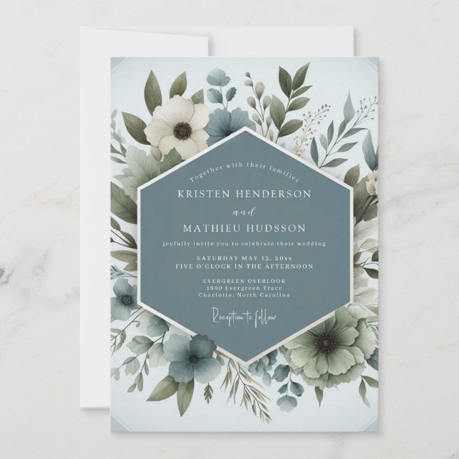 Invitación Slate Blue Aqueous Bloom Wedding (Anverso)
